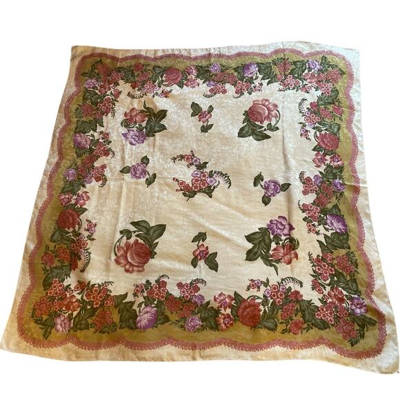 Ellen Tracy Silk Grandmacore Cottage Floral Tan Gold & Pink Square Scarf 35x34 - Picture 3 of 7
